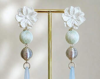 White Flower Dangle Earrings – Pastel Silk Thread, Silver Bead, Light Blue Drop