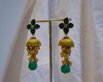 Handmade Floral Dangle Earrings – Gold Bead, Green Flower