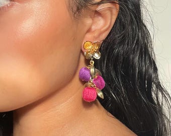 Floral Dangle Drop Earrings with Silk Thread Wrapped Beads