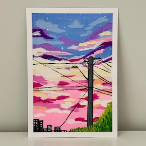 Original Gouache Gemälde - Laternenpfahl von Mary Lee - Pinke Kunst - Skurriles Sonnenuntergangsbild - Handgemalt - Aurora Illustration - Wandkunst
