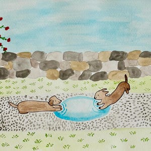 Original Aquarell Gemälde - Verspielte Welpen von Mary Lee - Hunde Malerei - Welpe - Kinder Kunst - Friedliche Malerei - Kinderzimmer Dekor
