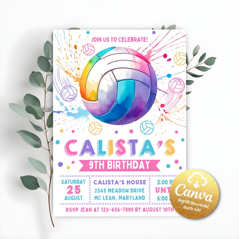 Volleyball Birthday Invitation, Girl's Volleyball Party, Volleyball ...