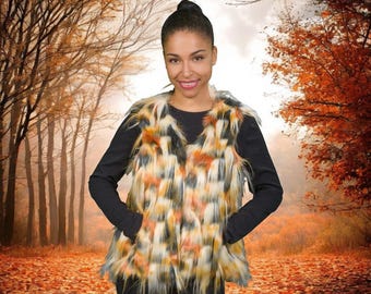 May include: A multi-coloured faux fur vest with a black background and orange, white, and brown accents. The vest has a V-neck and pockets.