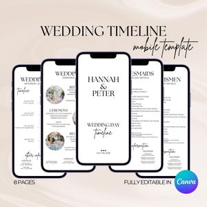 Mobile wedding timeline Canva template, Wedding day digital itinerary template, Modern minimalist editable wedding weekend for bridal party