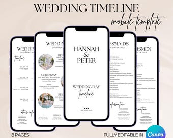 Mobile wedding timeline Canva template, Wedding day digital itinerary template, Modern minimalist editable wedding weekend for bridal party