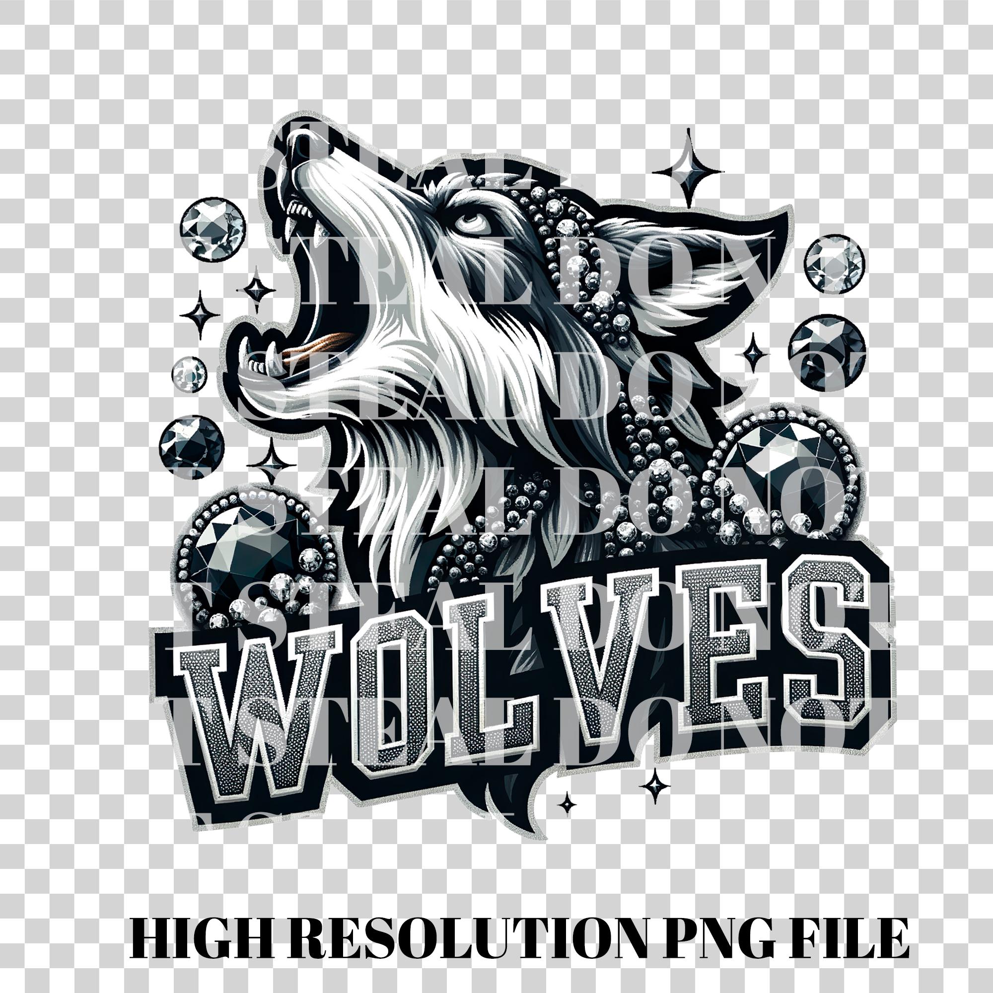 Wolves Rhinestone Letters Wolves Rhinestone Faux Embroidery Sublimation PNG Preppy Mascot School ...