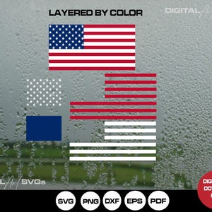 Könnte beinhalten: Dieses digitale Download-Paket enthält ein amerikanisches Flaggen-Design in Rot, Weiß und Blau, das nach Farben geschichtet ist. Das Design ist in Schichten unterteilt, um die Bearbeitung und Anpassung zu vereinfachen.