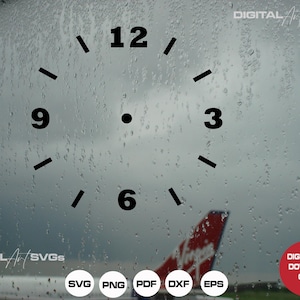 May include: A clock face with black numbers and markings on a blurry background of raindrops on a window. The numbers 12, 9, 6, and 3 are visible. The clock face is surrounded by the text "DIGITAL SVGS" and "DIGITAL DOWNLOAD ONLY".
