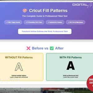 May include: A digital graphic promoting Cricut Fill Patterns. The image features a purple header with the text "Cricut Fill Patterns" and a comparison of text styles: "Before" with hollow letters and "After" with solid text.