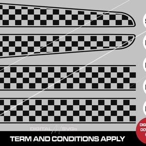 May include: Four black and white checkered racing stripes in different sizes. The stripes are available in SVG, PNG, EPS, DXF, and PDF formats. Digital download only. TERM AND CONDITIONS APPLY.