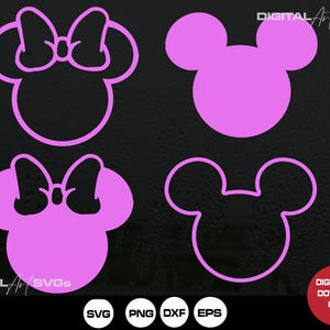 Könnte beinhalten: Vier pinkfarbene Umrisse von Mickey Mouse- und Minnie Mouse-Köpfen auf schwarzem Hintergrund. Zwei Köpfe haben Schleifen, und zwei sind schlicht. Das Bild enthält den Text "DIGITAL Art SVGs" und "DIGITAL DOWNLOAD ONLY" mit Dateityp-Symbolen.