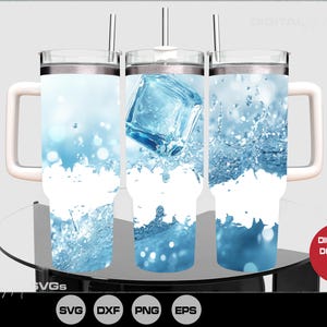 May include: Three stainless steel tumblers with a white background and blue water splash design. The tumblers have a white lid and a straw. One tumbler has a blue ice cube falling into the water.