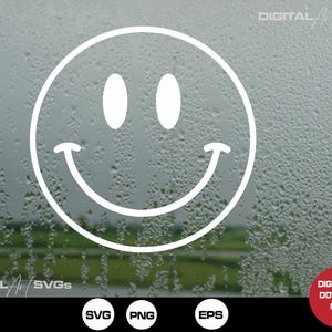 Puede incluir: Un gráfico de cara sonriente blanca sobre un fondo borroso de gotas de agua en una ventana.