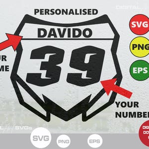 パーソナライズされたダートバイク、ダートバイクの SVG ファイル、ダートバイクの PNG、フロントナンバープレートの SVG、フロントナンバープレートの PNG、Cricut および Silhouette 用のファイル