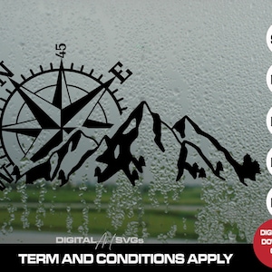 May include: Black and white compass and mountain range design. The compass has the cardinal directions N, E, W, and S, and the numbers 315 and -45. The mountains are stylised and have a jagged peak. The design is on a grey background with water droplets.