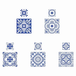 May include: A collection of five square tiles and five smaller square tiles, each featuring distinct blue and white geometric and floral patterns. The designs include symmetrical motifs, intricate scrollwork, and radial lines on a white background.