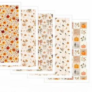 May include: Five vertical rectangular panels featuring autumn-themed patterns. The designs include orange and yellow flowers, puppies with pumpkins, decorative bows, white ducks wearing witch hats with bats, and a grid of pumpkins and foliage.