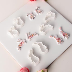 Puede incluir: Una colección de cortadores de galletas de plástico blanco con forma de conejo y recortes planos a juego con forma de conejo, con un colorido patrón floral con detalles botánicos rosas, naranjas y verdes, dispuestos sobre una superficie blanca.