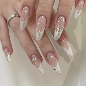 French Press On Nails | White Starry Rhinestone Fake Nails | Handmade Bridal Wedding Nail Art Set