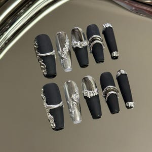 Metallic Press On Nails | Matte Black & Silver Chrome Fake Nails | Handmade Gothic Punk Edgy Nail Art Set
