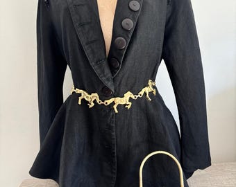 Vintage pareltje: Blazerjurk in designerstijl, glamoureus uit de jaren 80-90, donker/gotisch chic, met pailletten.