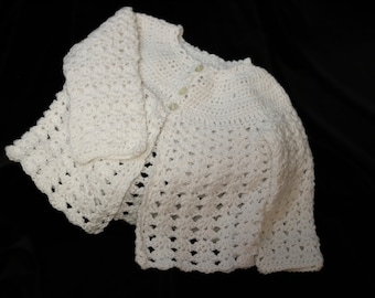 Baby Sweater - Crocheted - White Baby Sweater - Size - 6-9 months