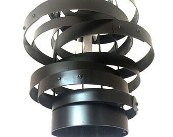 Vortex, repurposed wine barrel steel rings, metal hoops pendant light, chandelier, black, glass shade, custom lighting decor