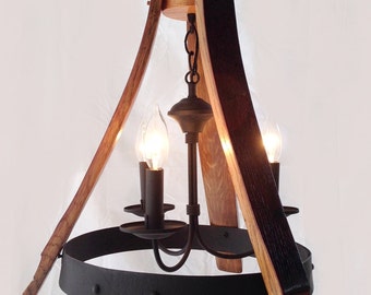 Sancho Mini wine barrel Chandelier recycled oak staves and hoop pendant light, ceiling lamp, 3 lights