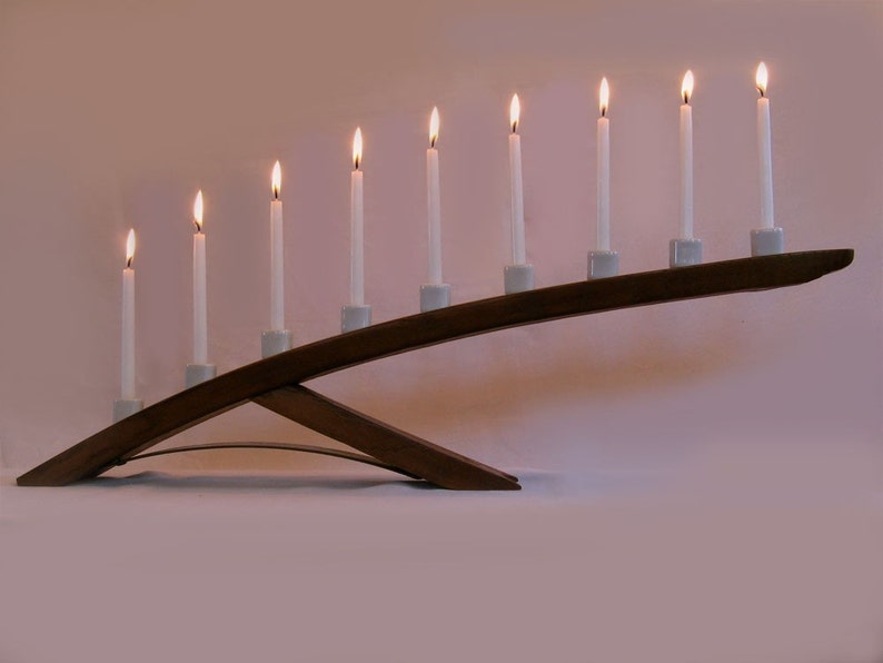 Green Ludwig, Eco friendly Menorah, recycled oak wine barrel stave candleholder, Nine white porcelain holders image 2