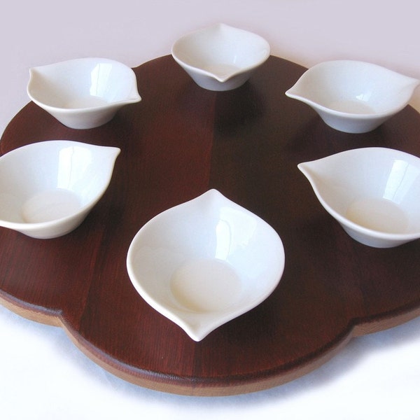 Rondo, Seder plate recycled oak wine barrel head, 6 bowls white ceramic. LIMITED EDITION Only ONE left