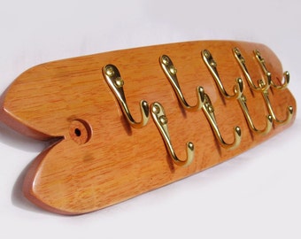 The Gatekeeper, Finest recycled oak wine barrel stave rack, 9 brass key hooks, elegantly recycled wood