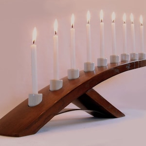 Green Ludwig, Eco friendly Menorah, recycled oak wine barrel stave candleholder, Nine white porcelain holders image 1