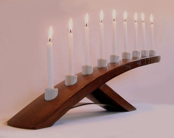 Green Ludwig, Eco friendly Menorah, recycled oak wine barrel stave candleholder, Nine white porcelain holders
