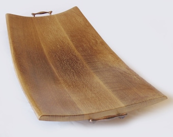 Cream Caramel tray large platter recycled oak wine barrel staves, solid antique brass handles