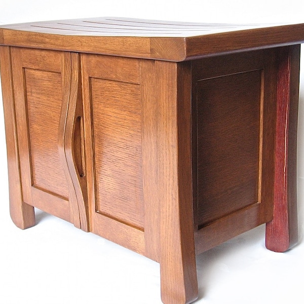 Elf, small oak cabinet bench recycled wine fermentation tanks, shoe storage