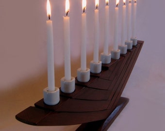 The Fern, Kosher Menorah, recycled oak wine barrel staves candleholder, Eco friendly Candelabrum, Nine white porcelain holders