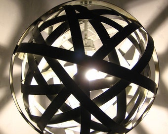 Orbits, urban chandelier, recycled wine barrel metal hoops, galvanized steel bands, ceiling light fixture