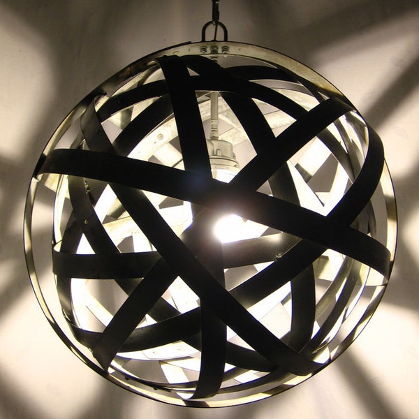 Orbits, urban chandelier, recycled wine barrel metal hoops, galvanized steel bands, ceiling light fixture