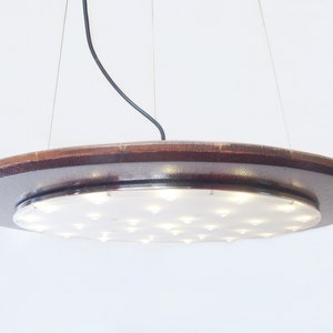Halo pendant LED light, recycled wine barrel top