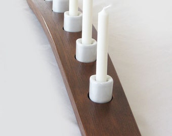 Cocoa recycled oak wine barrel stave mini candleholder mahogany color, porcelain holders