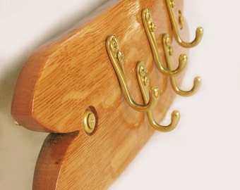 Junior, Finest recycled oak wine barrel stave rack, 5 brass key hooks, elegantly recycled wood