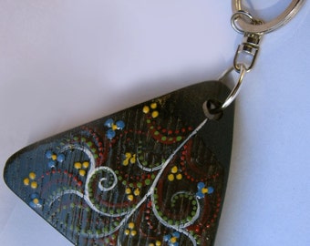 Green Bits keychain, Alhambra, recycled reclaimed oak wine barrel stave, hand painted, one of a kind