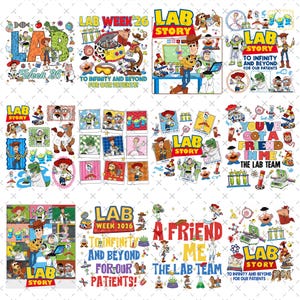 Puede incluir: Una colección de diseños gráficos coloridos con personajes de Toy Story. Los diseños incluyen los textos "LAB STORY", "LAB WEEK 26" y "TO INFINITY AND BEYOND FOR OUR PATIENTS!" en varias composiciones.