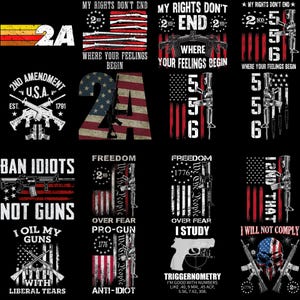 Puede incluir: Una colección de diseños gráficos con armas de fuego, banderas americanas y lemas patrióticos. Los diseños incluyen frases como "Mis derechos no terminan", "Prohibir idiotas, no armas" y "No cumpliré". La paleta de colores es principalmente roja, blanca y negra.
