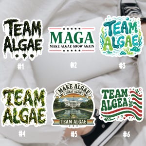 Peut inclure: Six autocollants décoratifs avec le texte Team Algae dans des styles variés. Le numéro 1 est vert foncé texturé. Le numéro 2 indique MAGA Make Algae Grow Again. Le numéro 3 est bleu et vert avec des bulles. Le numéro 4 est vert vif. Le numéro 5 montre la Maison Blanche avec une grenouille. Le numéro 6 est rouge et vert.