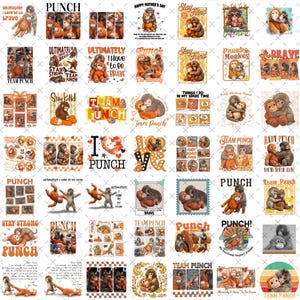 May include: A selection of stickers and prints showcasing cartoon orangutans. The designs incorporate phrases such as "Team Punch," "Stay Kind," and "Happy Mother's Day." The colour scheme is warm, with oranges, browns, and yellows.