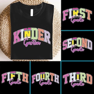 Checkered Neon Back to School PNG Bundle, Coquette Kindergarten Pre-K 1st 2nd 3rd 4th Grade Png, Hand Drawn, Girly Pink Bow Png, Colorful