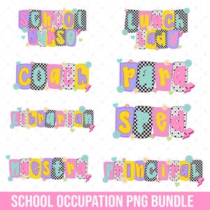 Retro School Occupation PNG Bundle, Back to School Teacher Sped Para Counselor, Preppy First Day of School Checkered Girly Png, Drawn