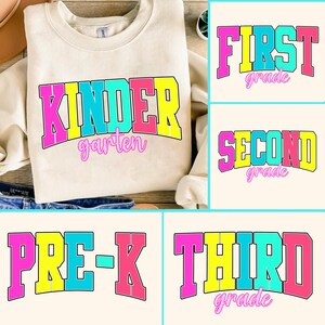 Retro Back to School PNG Neon Disstressed Bundle, Coquette Kindergarten Pre-K 1st 2nd 3rd 4th Grade Png, Girly Pink Bow, Hand Drawn,Colorful