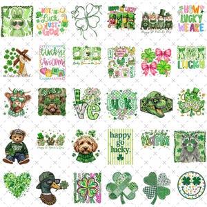 Könnte beinhalten: Eine Sammlung von Grafiken zum Thema St. Patrick's Day. Die Designs umfassen Kleeblätter, Tiere in Grün und Texte wie "Happy St. Patrick's Day" und "Happy Go Lucky". Die Bilder sind in Grün- und Weißtönen gehalten.
